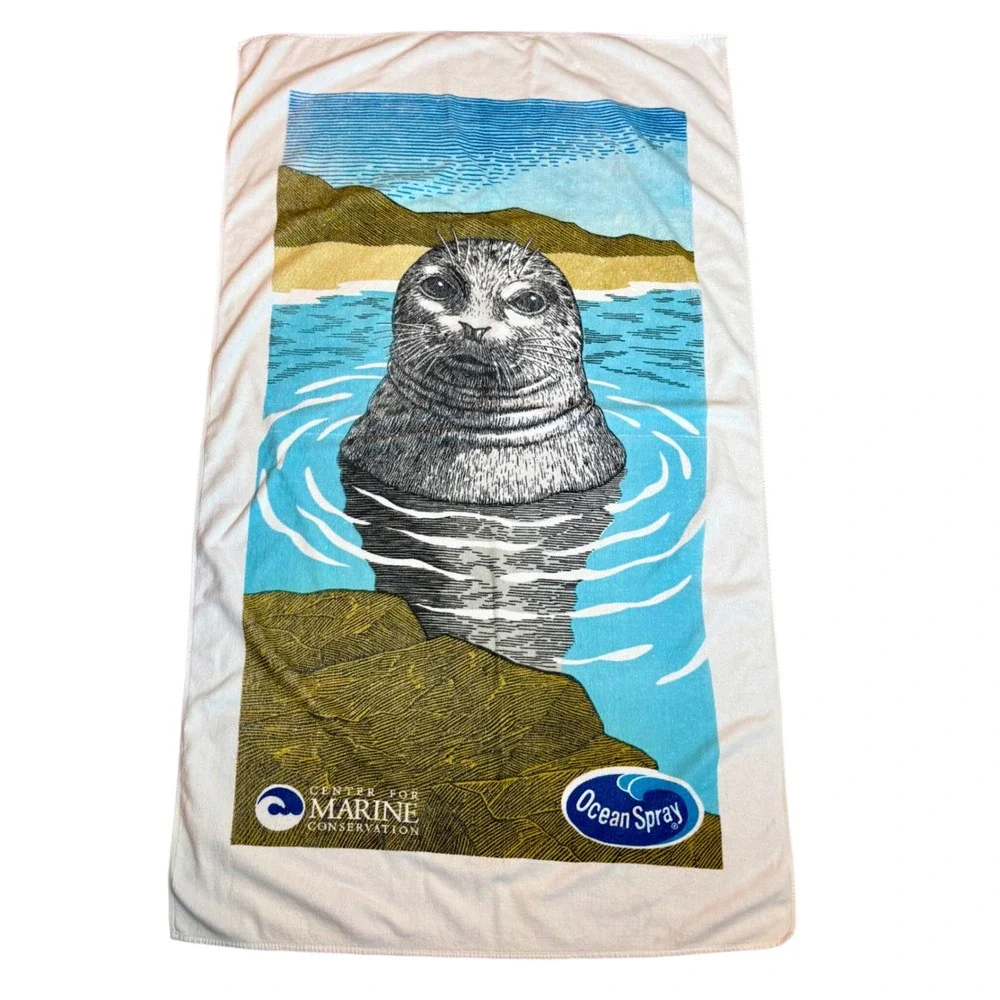 Vintage Ocean Spray Seal Beach Towel Center for Marine‎ Conservation Blue White